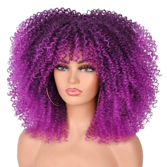 Kinky Curly Wigs With Bangs - Picture 1 of 5